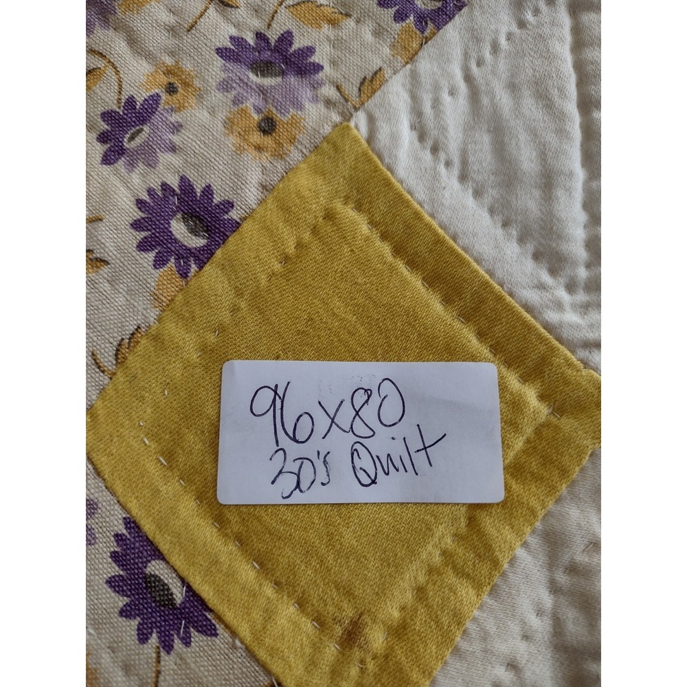 Vtg 30s WINDMILL QUILT Purple Yellow Floral Calico Scalloped Border Hand Quilted - Picture 10 of 10